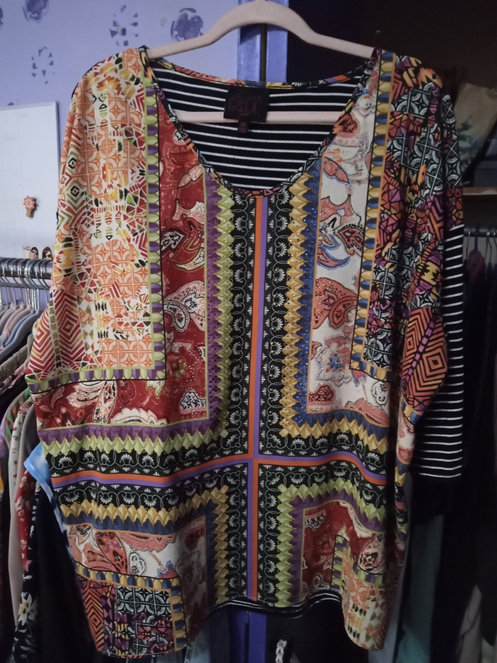 French BlueColorful Patchwork Print V-Neck Tunic